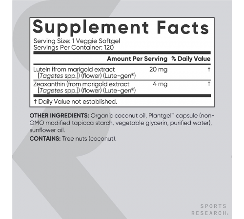 Лютеин и зеаксантин, Sports Research, Lutein + Zeaxanthin, 120 капсул