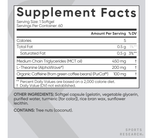L-теанин и кофеин, Sports Research, L-Theanine and Caffeine, 60 капсул