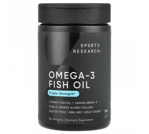 Рыбий жир с омега-3 тройная сила 1250 мг, Sports Research, Omega-3 Fish Oil AlaskOmega 1250mg, 90 капсул