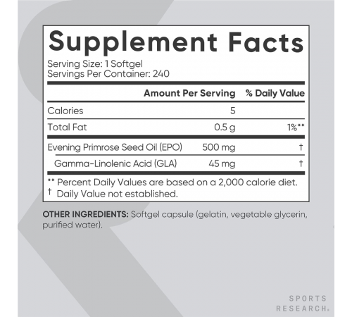 Масло примулы вечерней, Sports Research, Evening Primrose Oil 500 mg, 240 желатиновых капсул