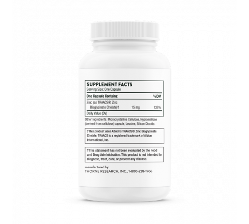 Бисглицинат цинка, Thorne Research, Zinc Bisglycinate 15 mg, 60 капсул