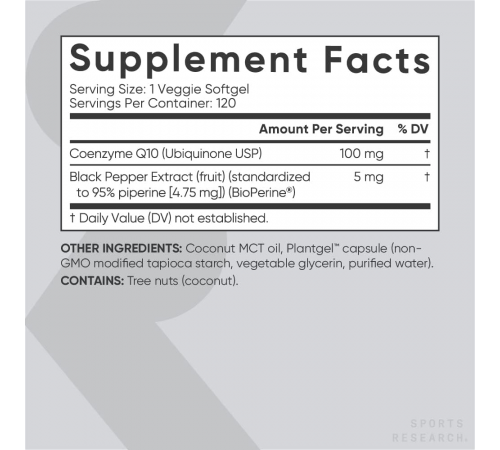 Коэнзим Q10, Sports Research, CoQ10 100 mg, 120 вегетарианских желатиновых капсул