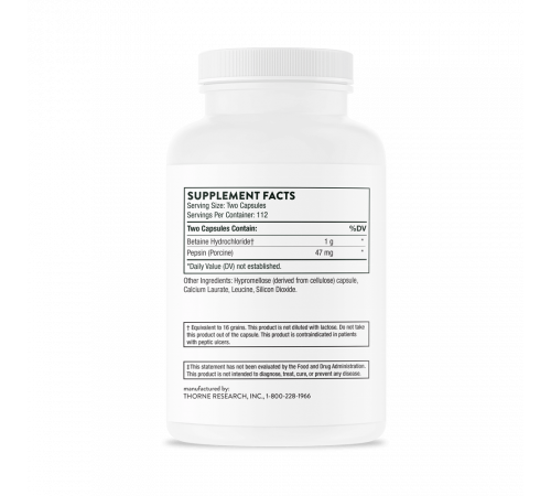 Бетаингидрохлорид и пепсин, Thorne Research, Betaine HCL & Pepsin, 225 капсул