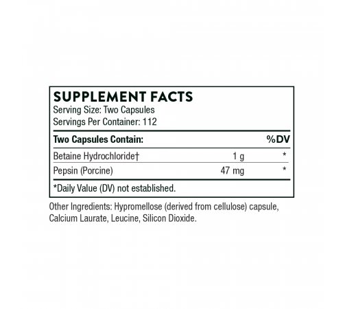 Бетаингидрохлорид и пепсин, Thorne Research, Betaine HCL & Pepsin, 225 капсул